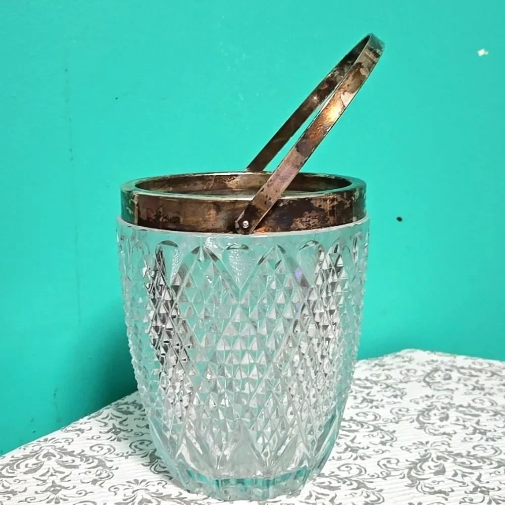 Vintage Deco Leaded Crystal Ice Bucket Waffle Glass Luxury Barware